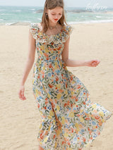 Tropical Bloom Ruffle Midi Dress