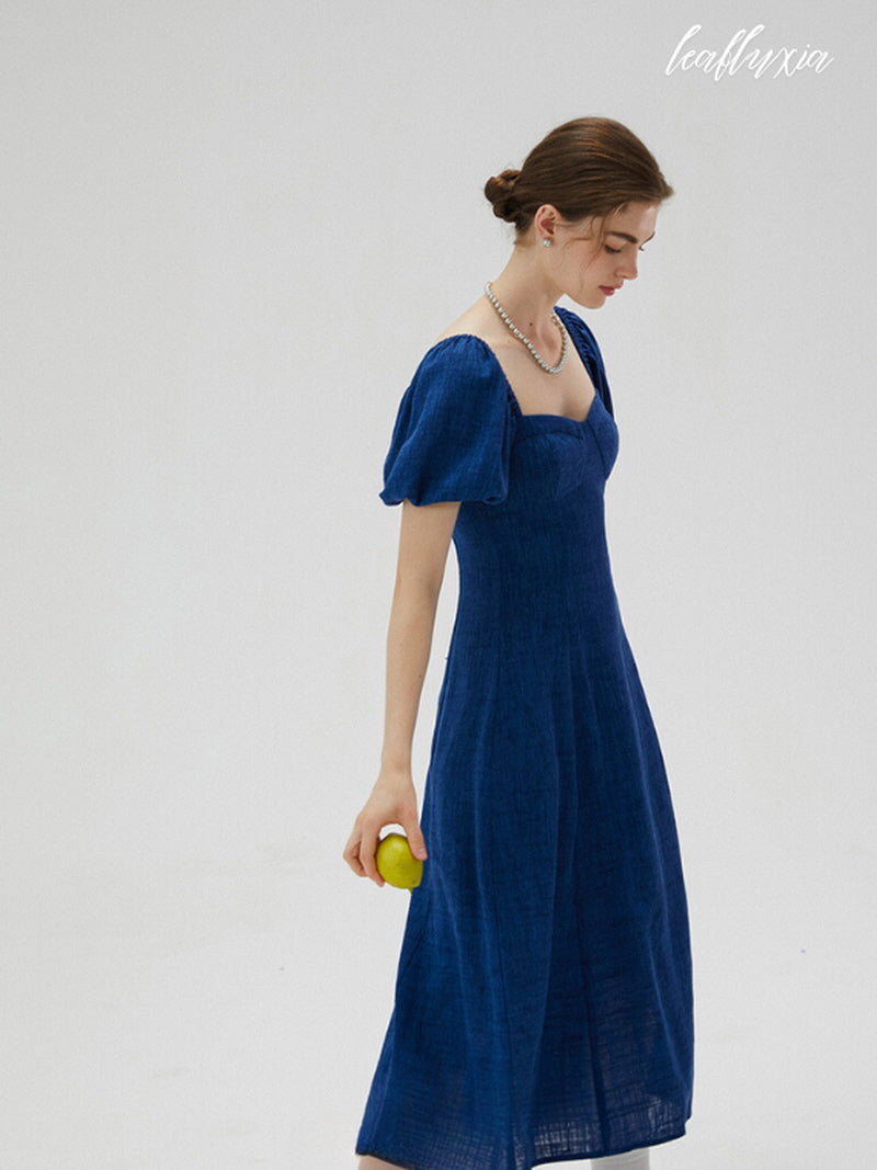 Blue Haze Puff Sleeve Linen Dress