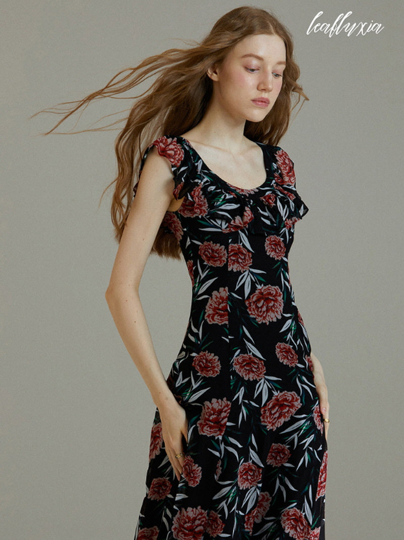 Black Rose Floral Long Dress