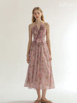 Floral Veil Halter Dress