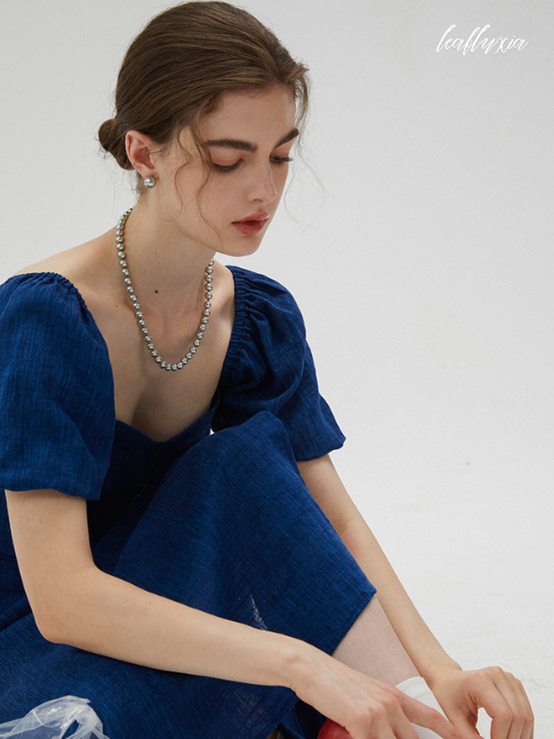 Blue Haze Puff Sleeve Linen Dress