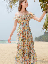 Tropical Bloom Ruffle Midi Dress