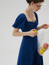 Blue Haze Puff Sleeve Linen Dress