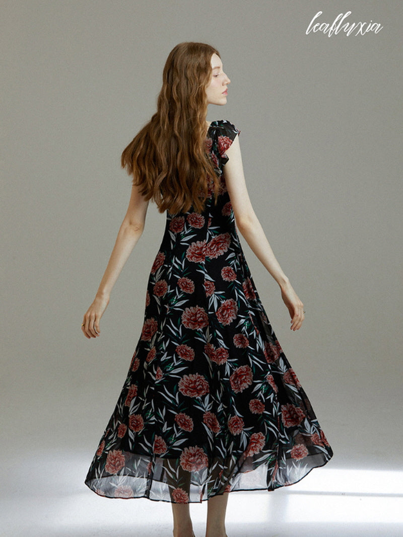 Black Rose Floral Long Dress