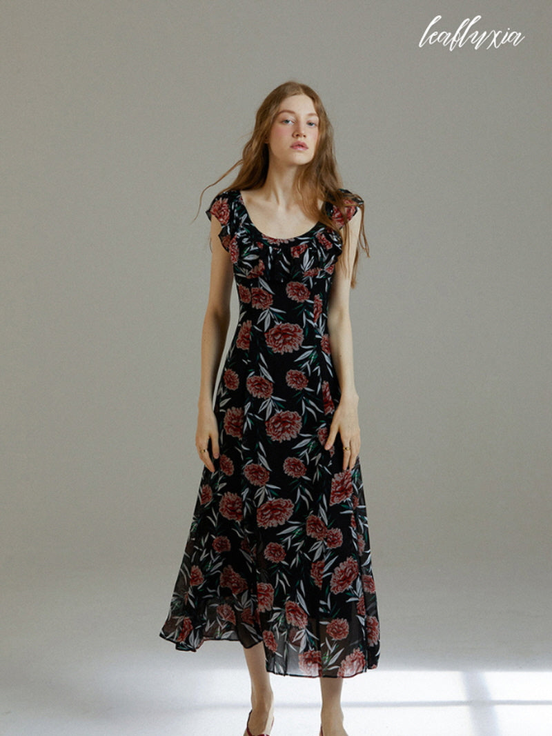 Black Rose Floral Long Dress