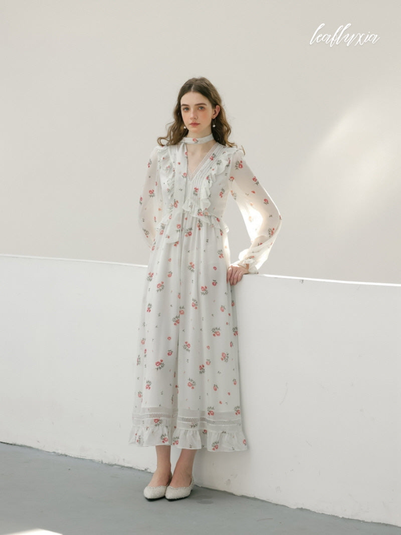 White Blossom Floral Chiffon Maxi Dress