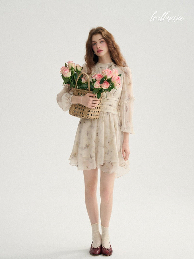 Cream Floral Mist Chiffon Dress