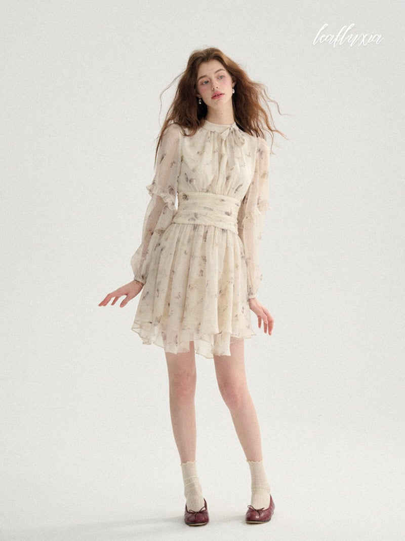 Cream Floral Mist Chiffon Dress