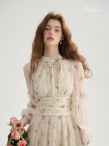Cream Floral Mist Chiffon Dress