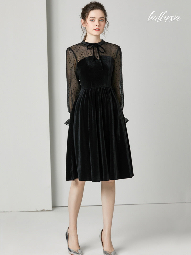Noir Charm Sheer Sleeve Dress