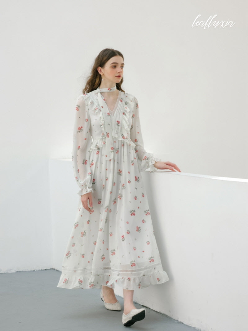 White Blossom Floral Chiffon Maxi Dress
