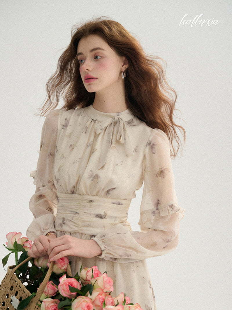 Cream Floral Mist Chiffon Dress