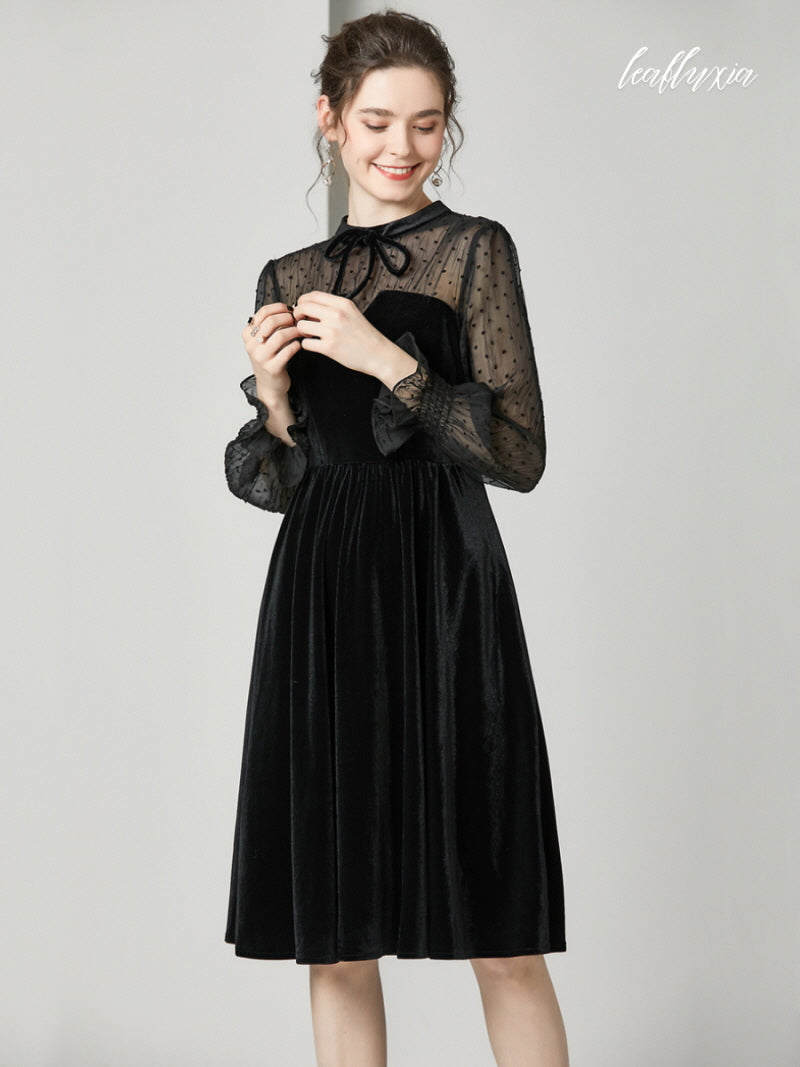 Noir Charm Sheer Sleeve Dress