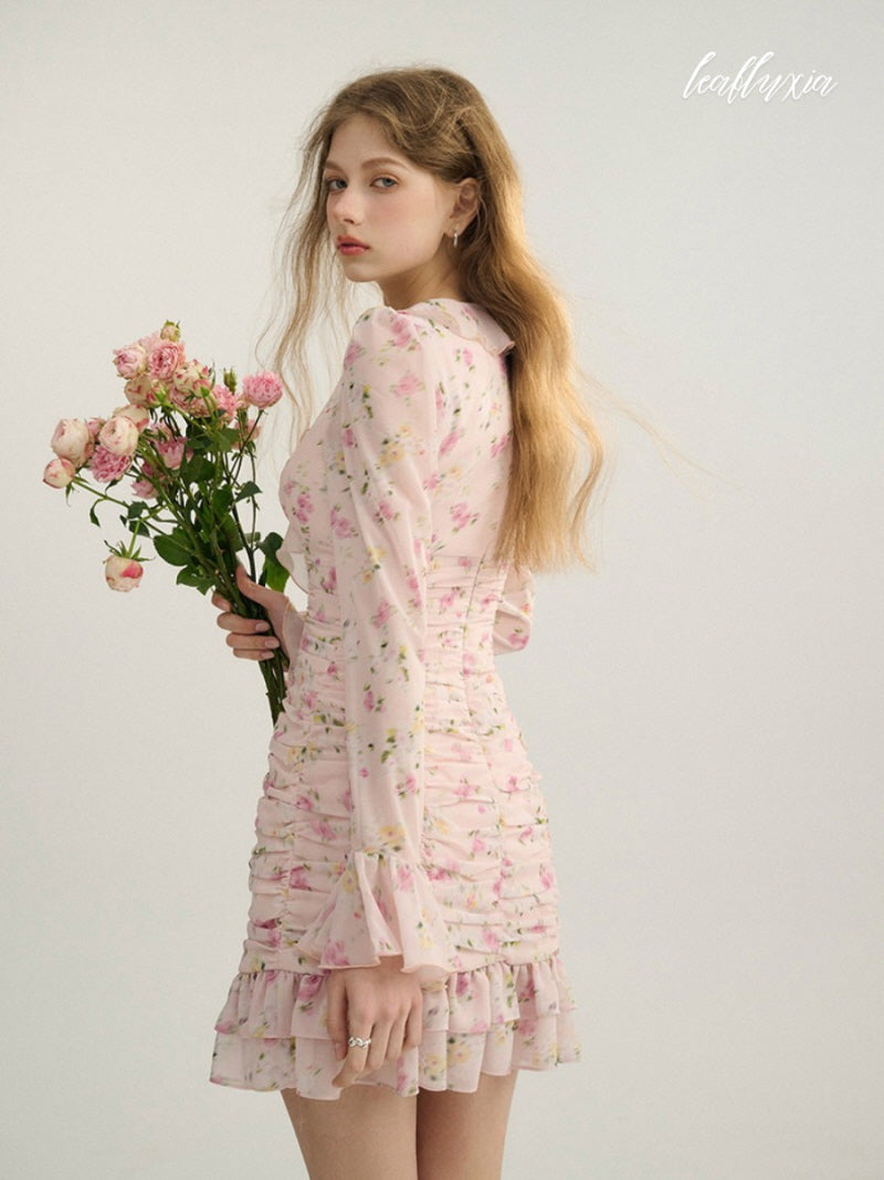 Rosy Frill Chiffon Dress