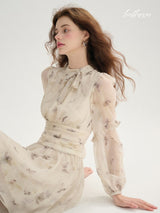 Cream Floral Mist Chiffon Dress