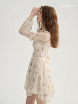 Cream Floral Mist Chiffon Dress