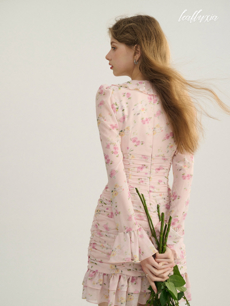 Rosy Frill Chiffon Dress